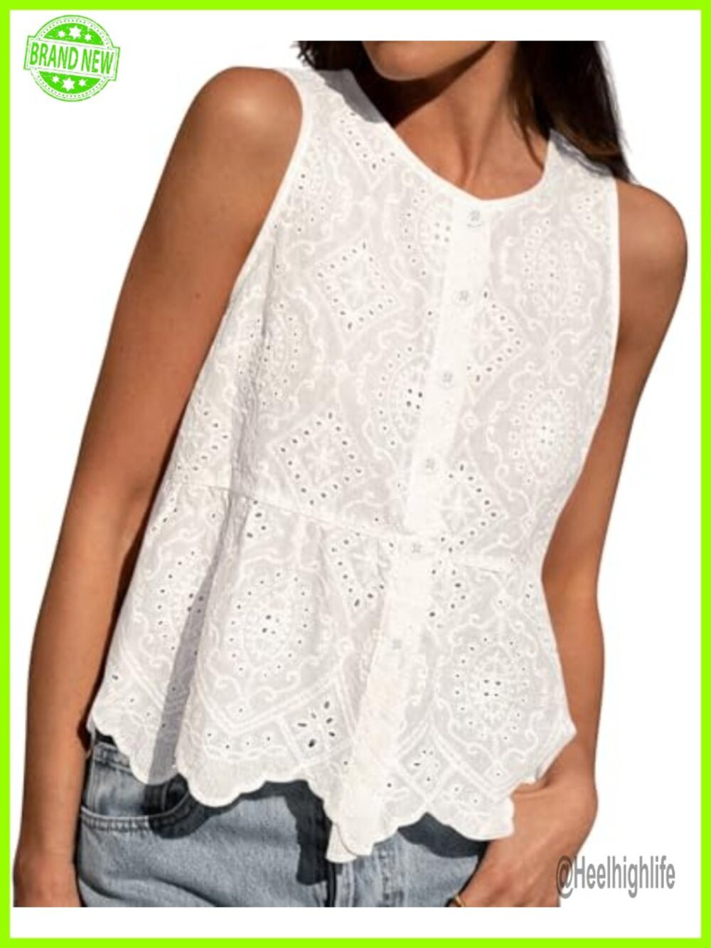 Womens Cotton Eyelet Embroidered Tank Top Button Down Peplum Blouse